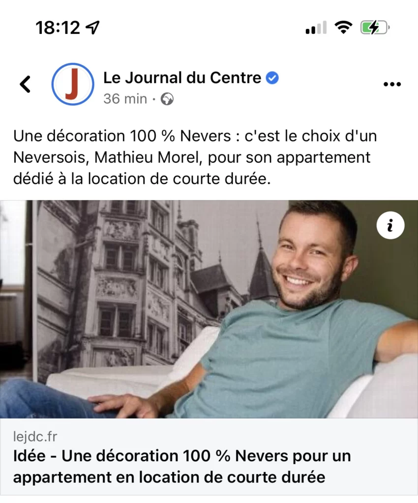 Capture Facebook de la publication sur l'article du Journal du centre concernant la décoration d'un logement de Primo Conciergerie à Nevers