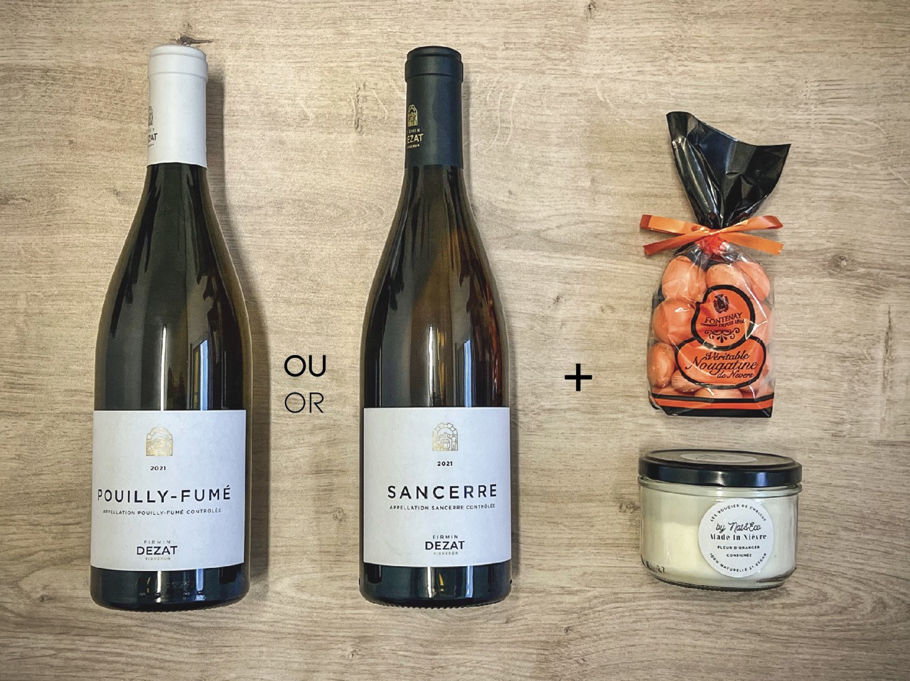 Photo de produits locaux du coffre découverte avec 2 vins blancs, Pouilly-Fumé et Sancerre, nougatines de Nevers et une bougie by Nat&Eco