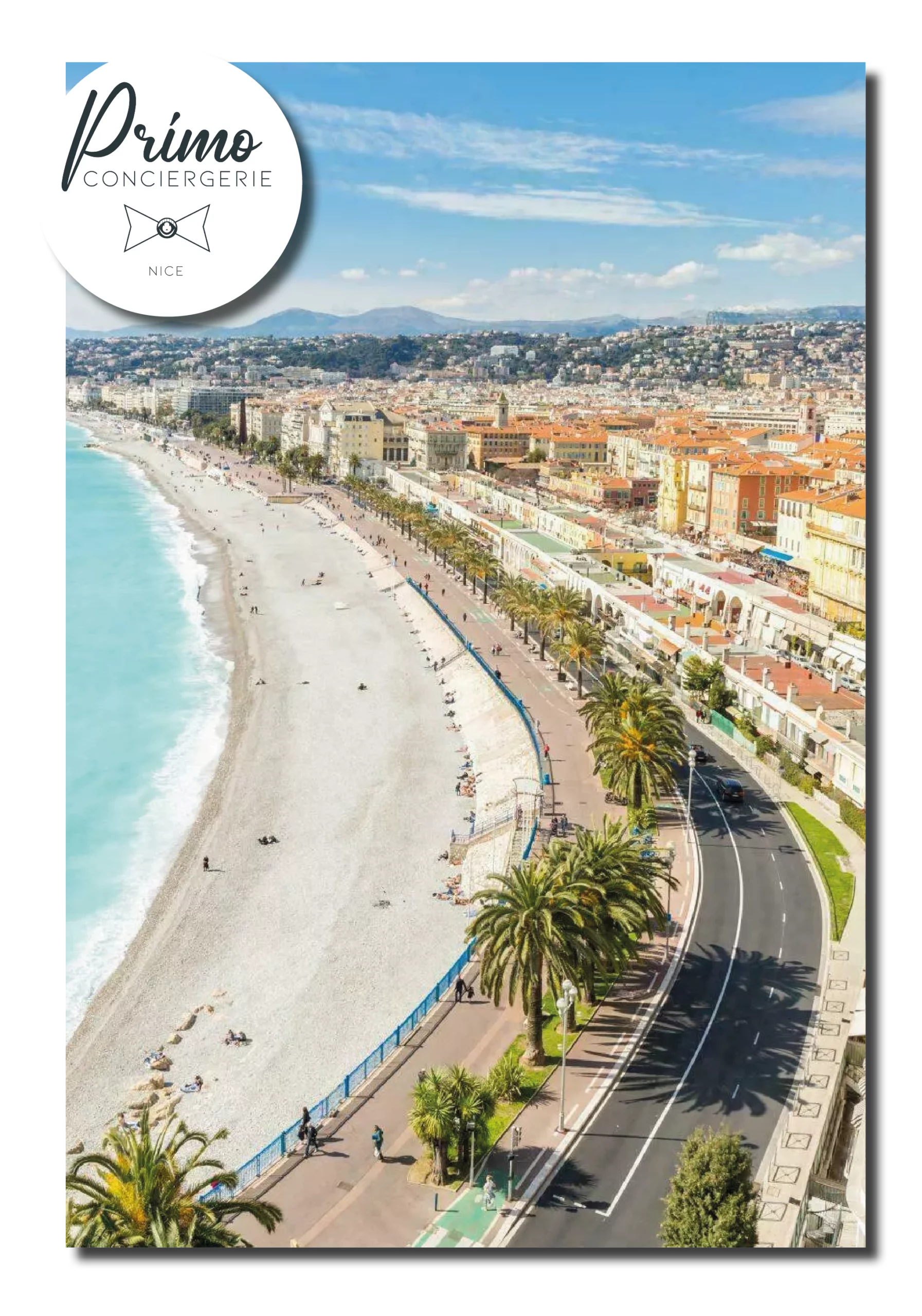 Photographie de la ville de Nice, mettant en valeur les palmiers qui bordent les rues, les plages de sable fin et les immeubles modernes, avec les collines verdoyantes en arrière-plan.