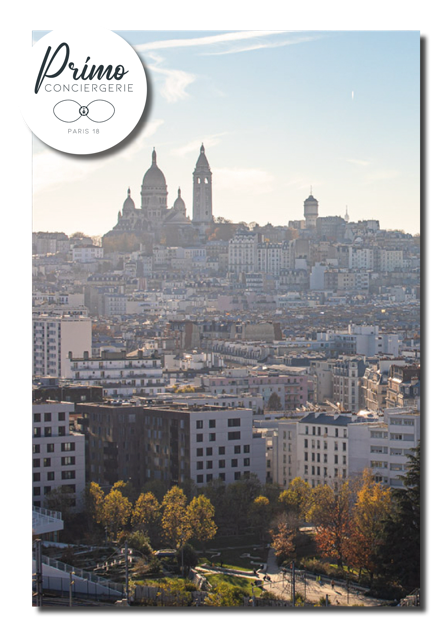 Conciergerie Paris 18ème, Montmartre. Vue panoramique de Paris, avec la Basilique du Sacré-Cœur se détachant sur la colline de Montmartre à l'arrière-plan.