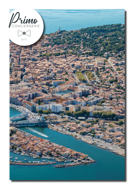 Conciergerie de Sète. Vue aérienne de la ville avec ses canaux serpentant à travers la ville et se jetant dans la mer Méditerranée.