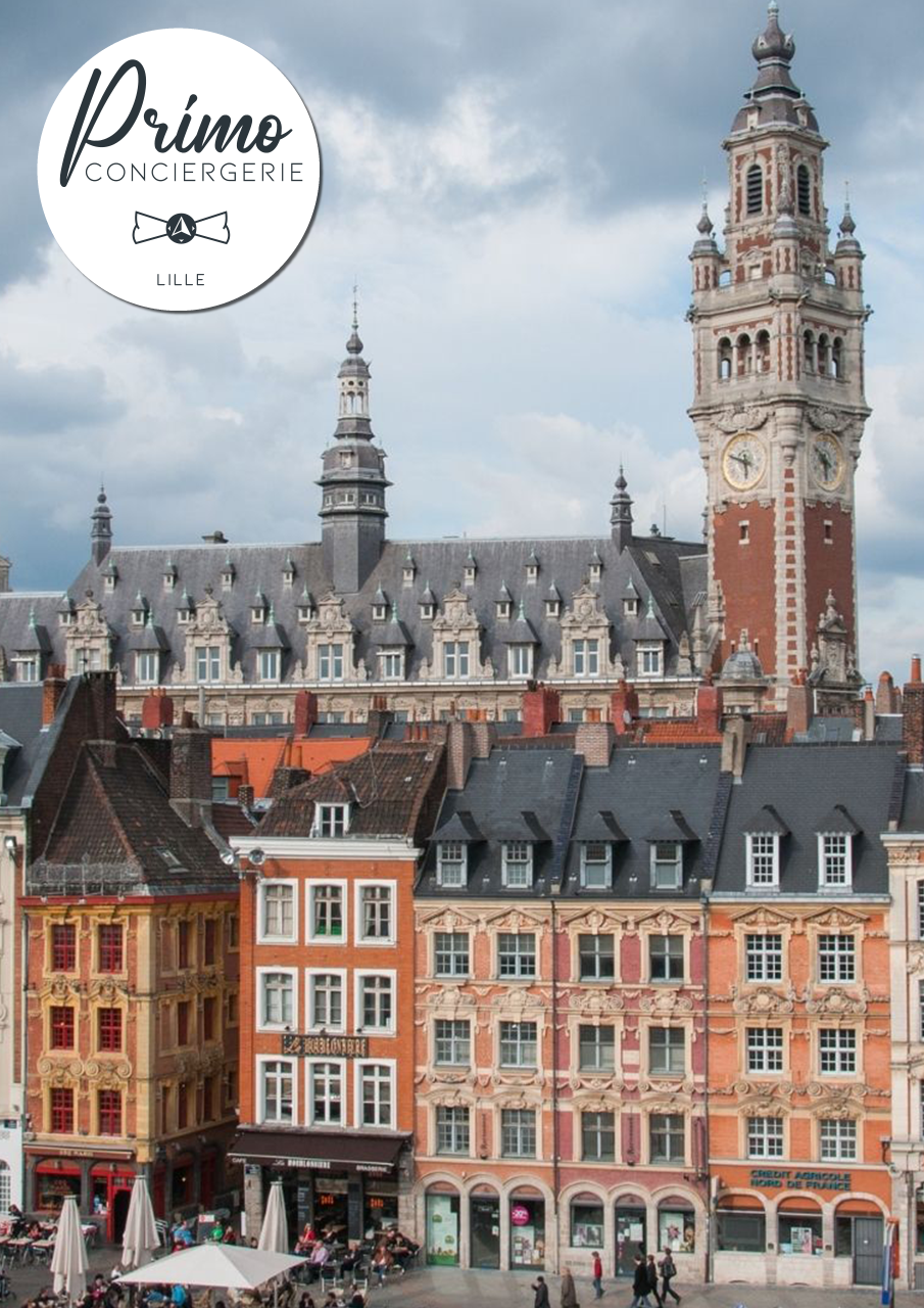 Vue des bâtiments historiques de la Grand'Place et du Beffroi de Lille.