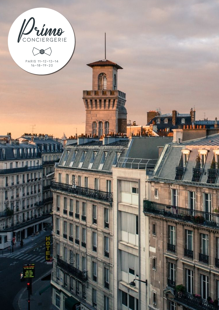 Vue sur les toits de Paris avec une tour architecturale au crépuscule.