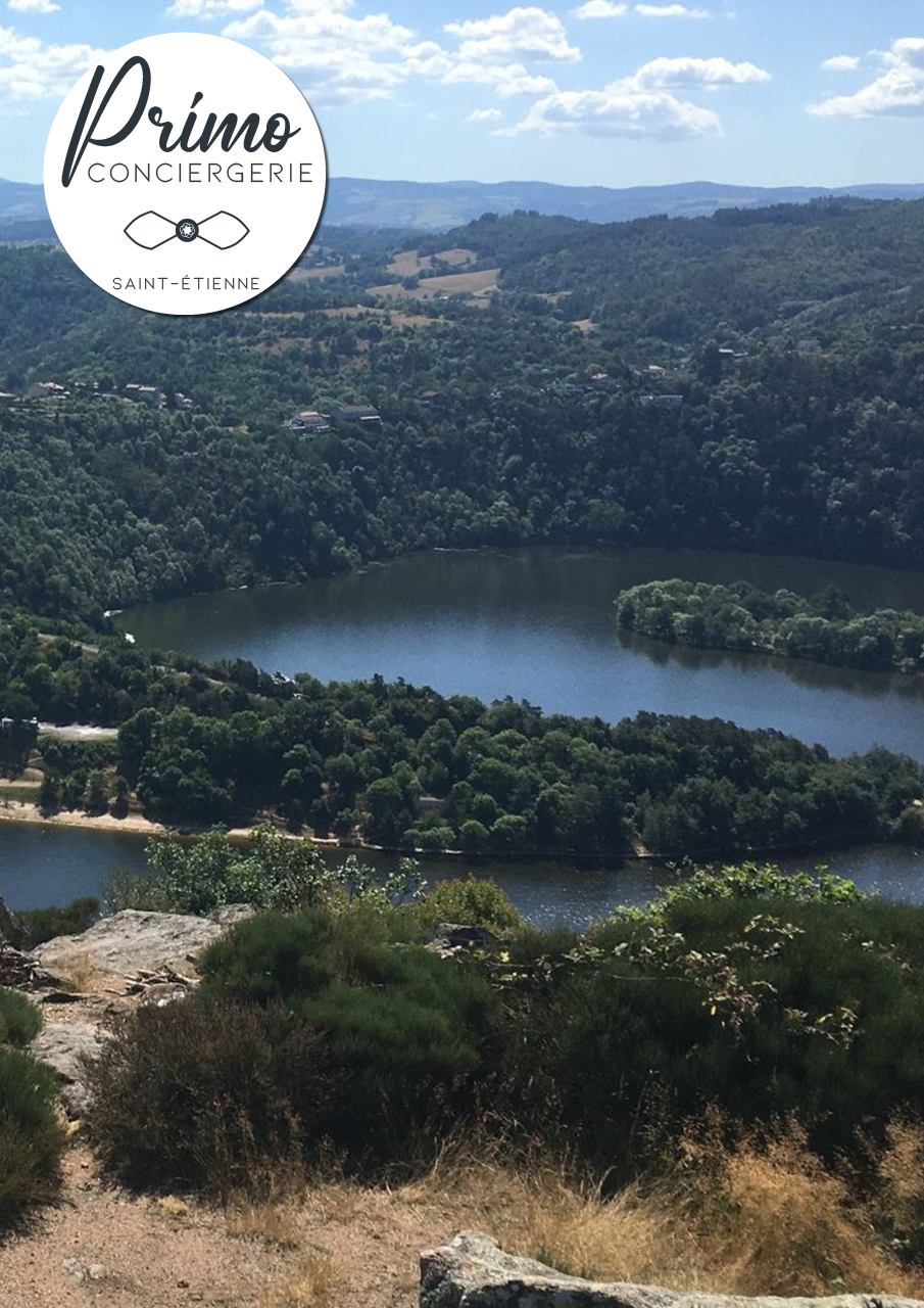 Vue panoramique de collines boisées et d'un lac près de Saint-Étienne.