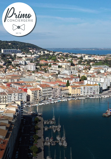 Vue aérienne du port de Sète, entouré de bâtiments et de collines.